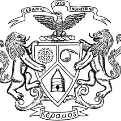 Keramos coat of arms featuring two lions holding a shield and an eagle sitting atop of the shield.