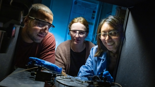 In the center of the photo, a female professor instructs a female student and a male student in her lab. 